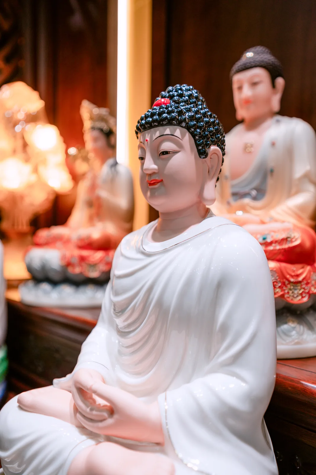 Cận tượng ngồi áo trắng, tóc cuộn màu sẫm điểm đỏ, mắt nhìn xuống, hai tay đặt trước bụng; phía sau có tượng áo đỏ mờ.
