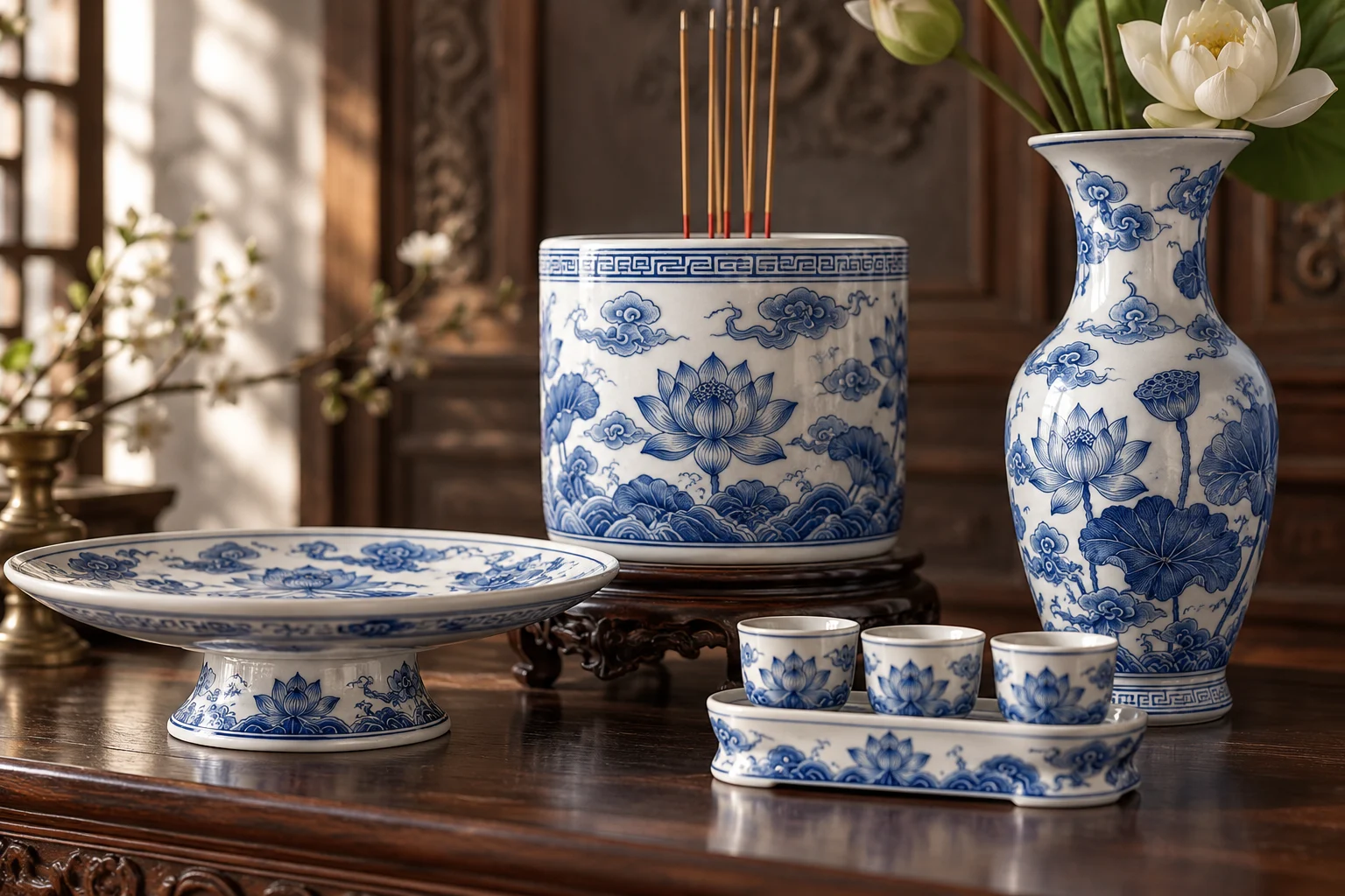 Hình minh họa bộ đồ thờ gốm sứ xanh trắng