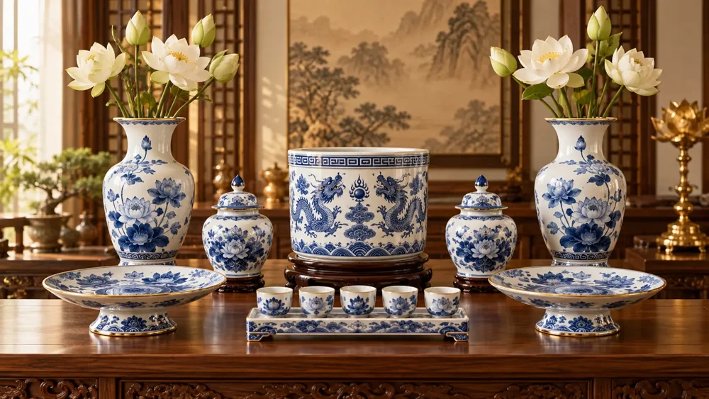Bộ gốm xanh trắng gồm bát hương, lọ hoa, chóe, đĩa và kỷ chén