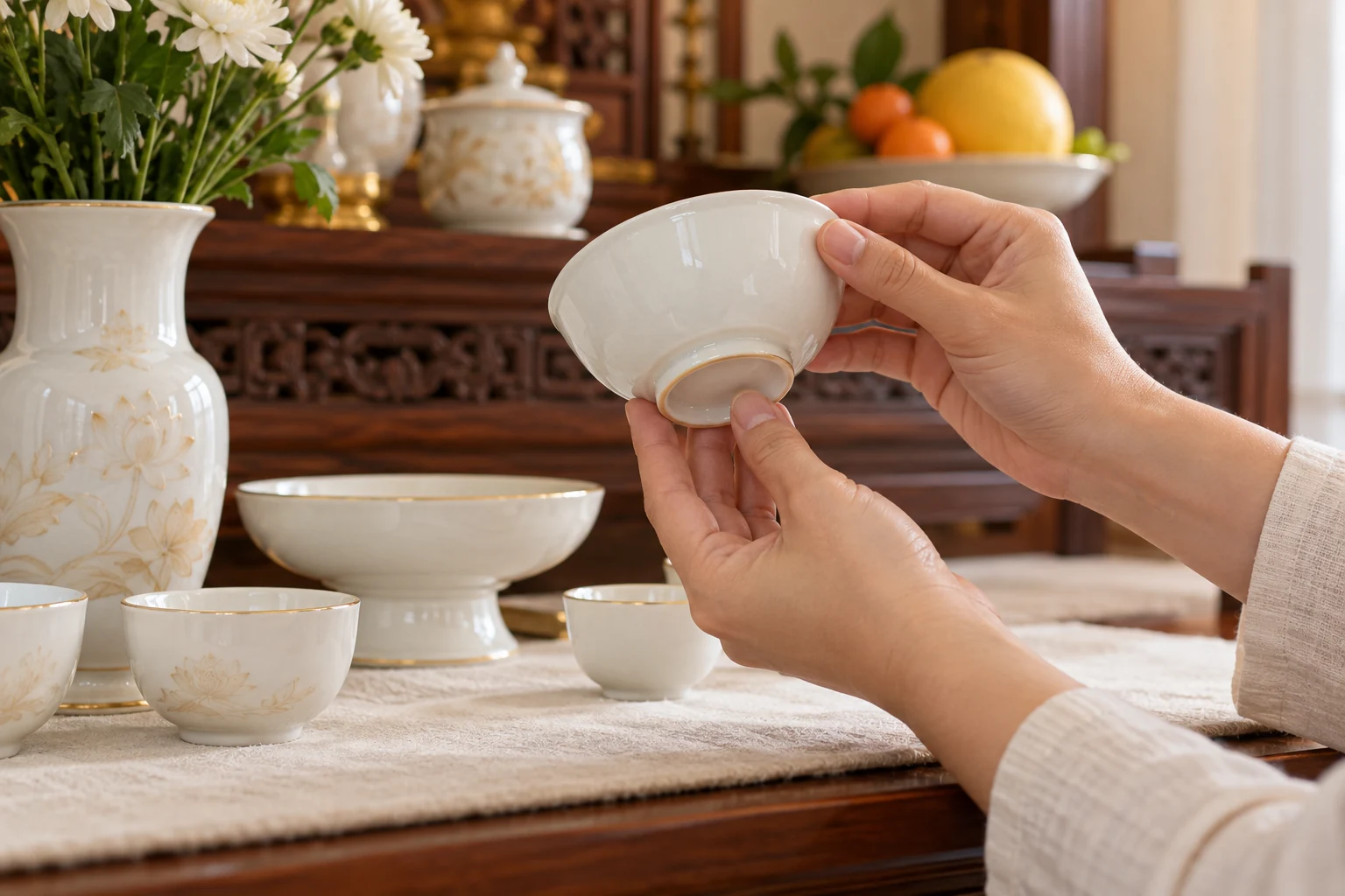 Hai tay nâng món đồ sứ phía trên bàn có lớp đệm