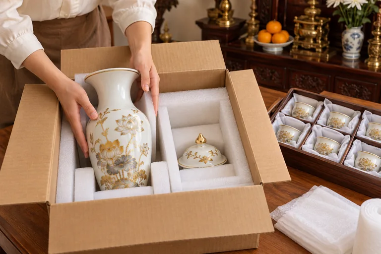 Đồ sứ được đỡ bằng hai tay và đặt vào ô đệm riêng