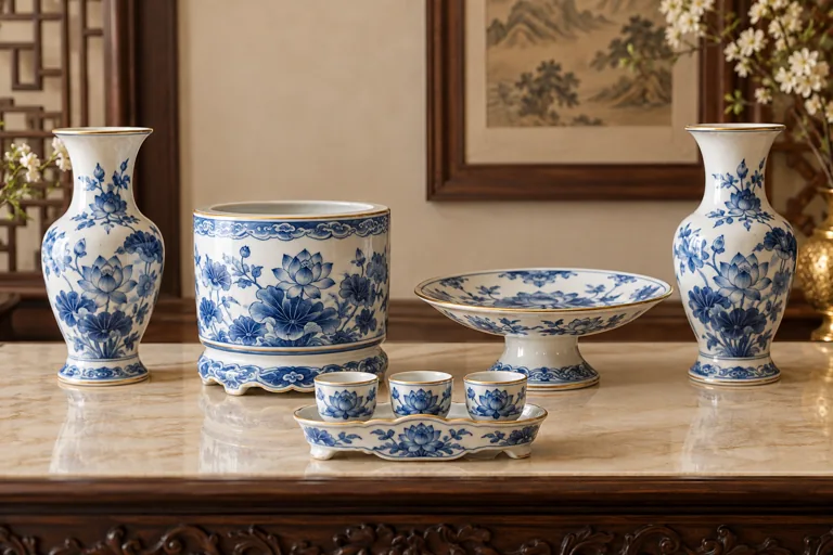 Một nhóm đồ sứ xanh trắng gồm bát hương lọ hoa đĩa và chén