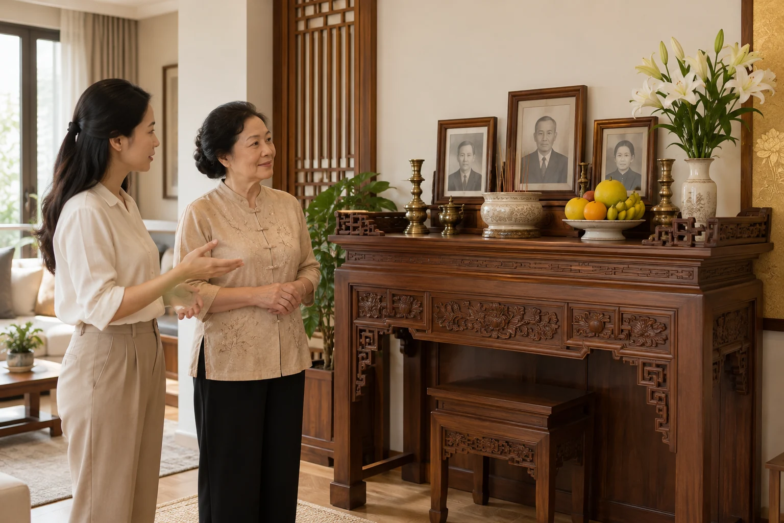 Hai người trong gia đình trao đổi bên bàn thờ gia tiên