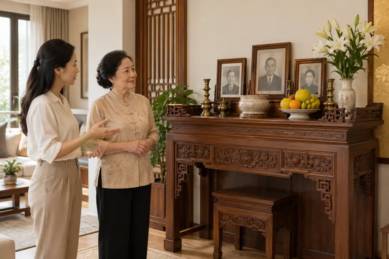 Hai người trong gia đình trao đổi bên bàn thờ gia tiên