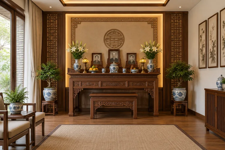 Phòng thờ gia tiên với bàn gỗ và ánh sáng gián tiếp