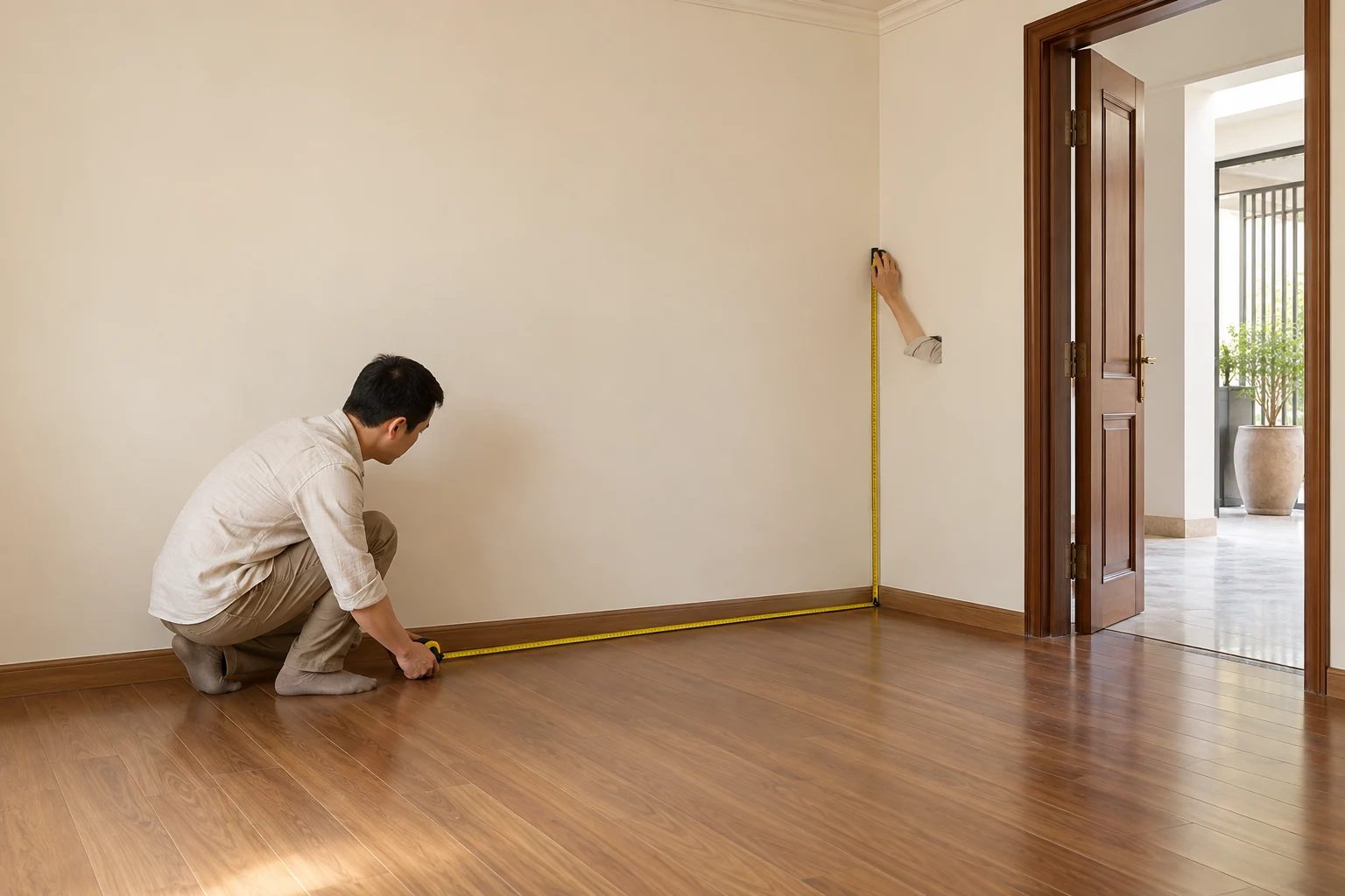 Người đo khoảng trống sàn và tường gần lối cửa