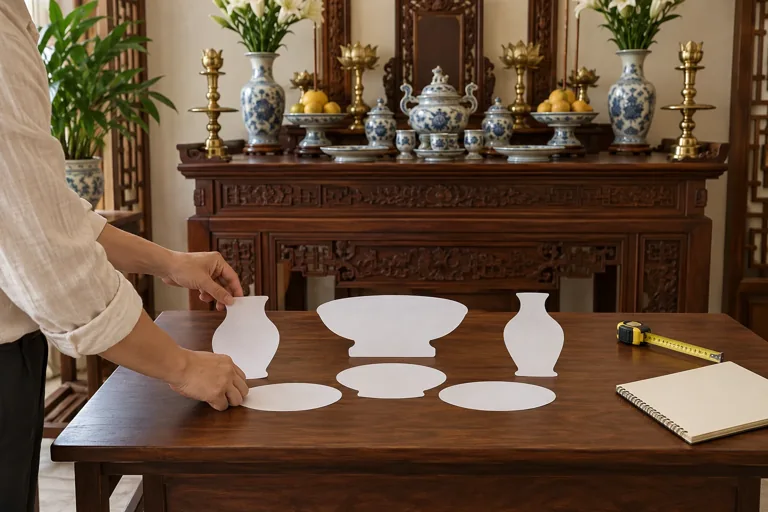 Tay sắp các miếng giấy trên bàn để lên phương án bày đồ thờ