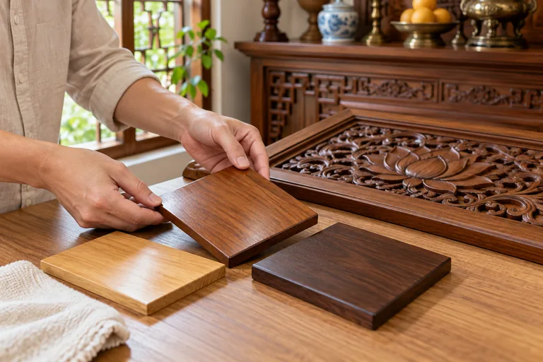 Các mẫu bề mặt gỗ sáng tối đặt cạnh tấm chạm khắc