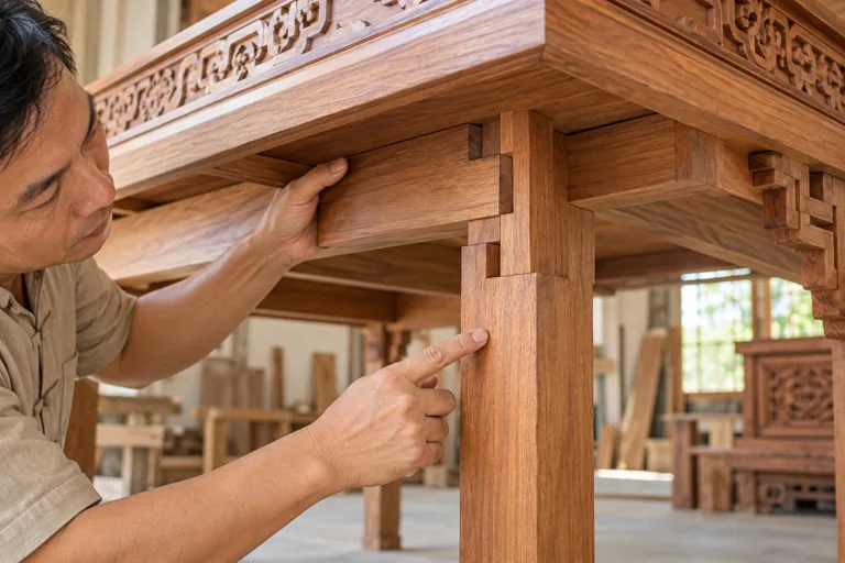 Người thợ quan sát góc kết cấu bên dưới bàn gỗ