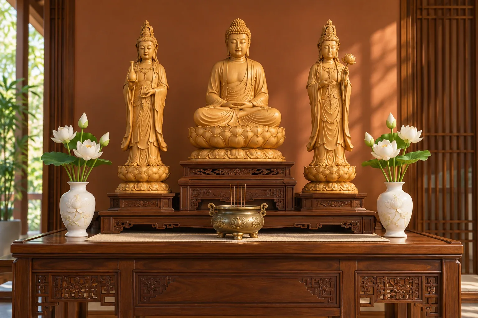 Bộ tượng Tây Phương Tam Thánh trong không gian thờ Phật
