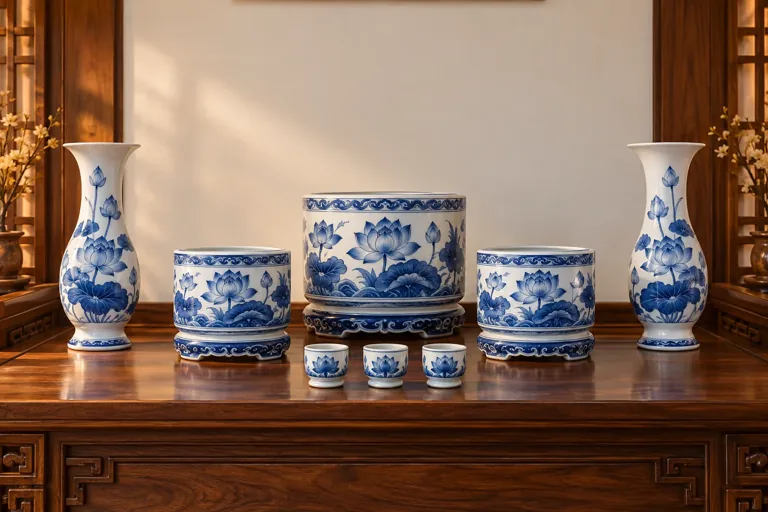 Bộ sứ men lam có ba bát hương với tỷ lệ lớn nhỏ