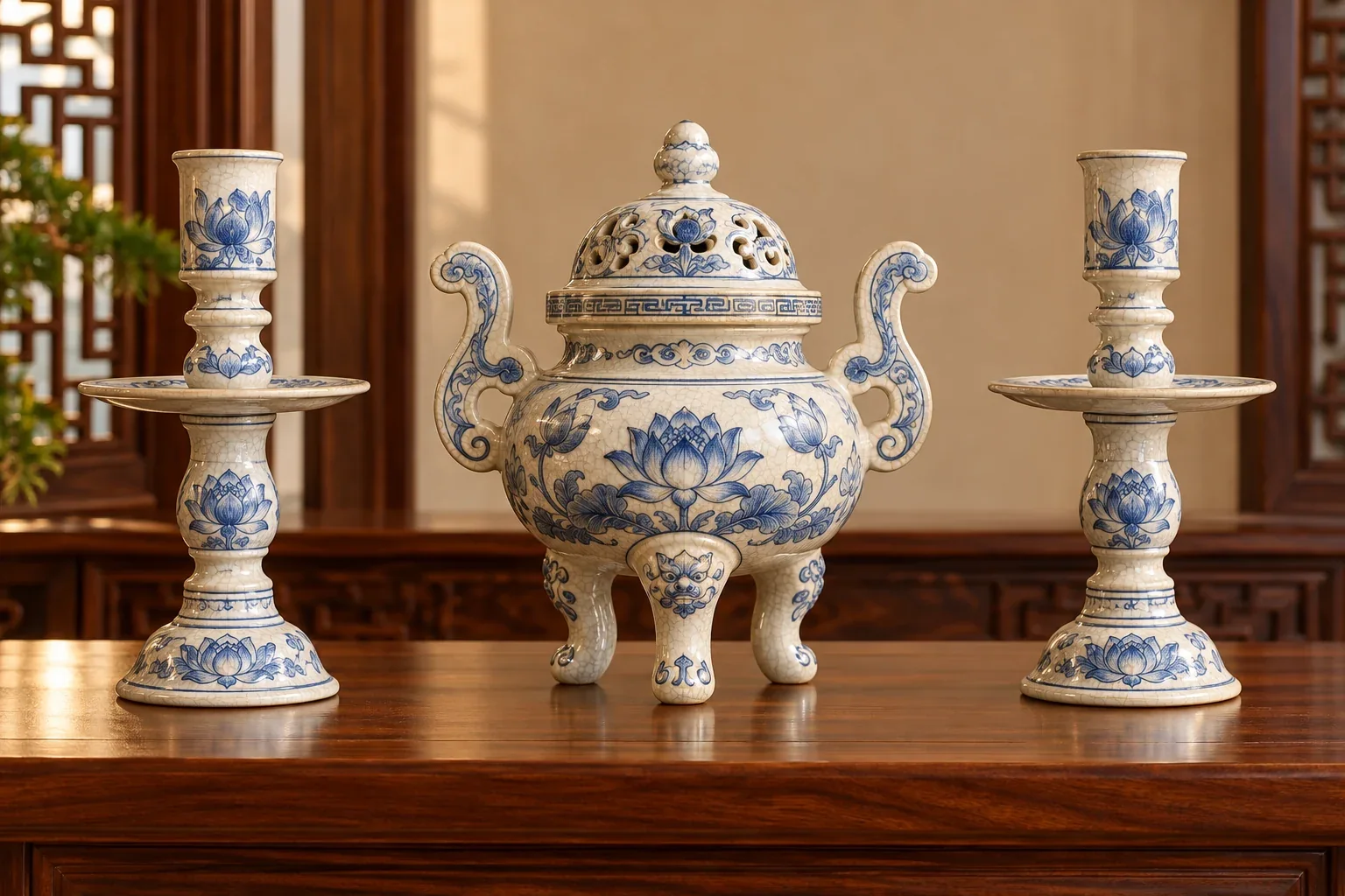 Bộ tam sự gốm sứ gồm một đỉnh và hai chân đèn