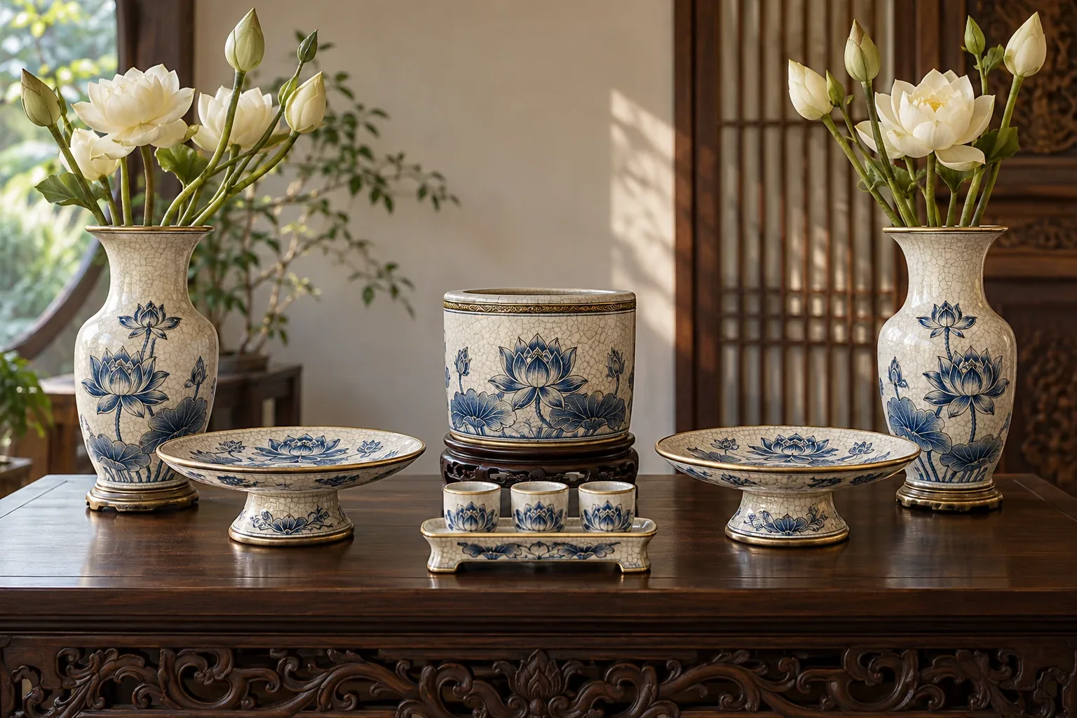 Bộ sứ men rạn — minh họa cho nội dung tư vấn đồ thờ Tâm Linh Việt