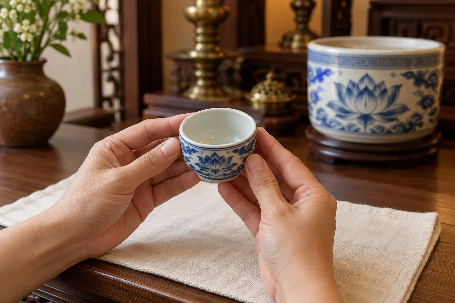 Kiểm tra đồ sứ khi chọn mua — minh họa cho nội dung tư vấn đồ thờ Tâm Linh Việt