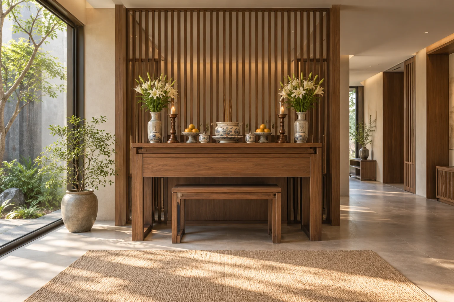 Ý tưởng phòng thờ hiện đại với bàn thờ gỗ và vách đứng thanh thoát