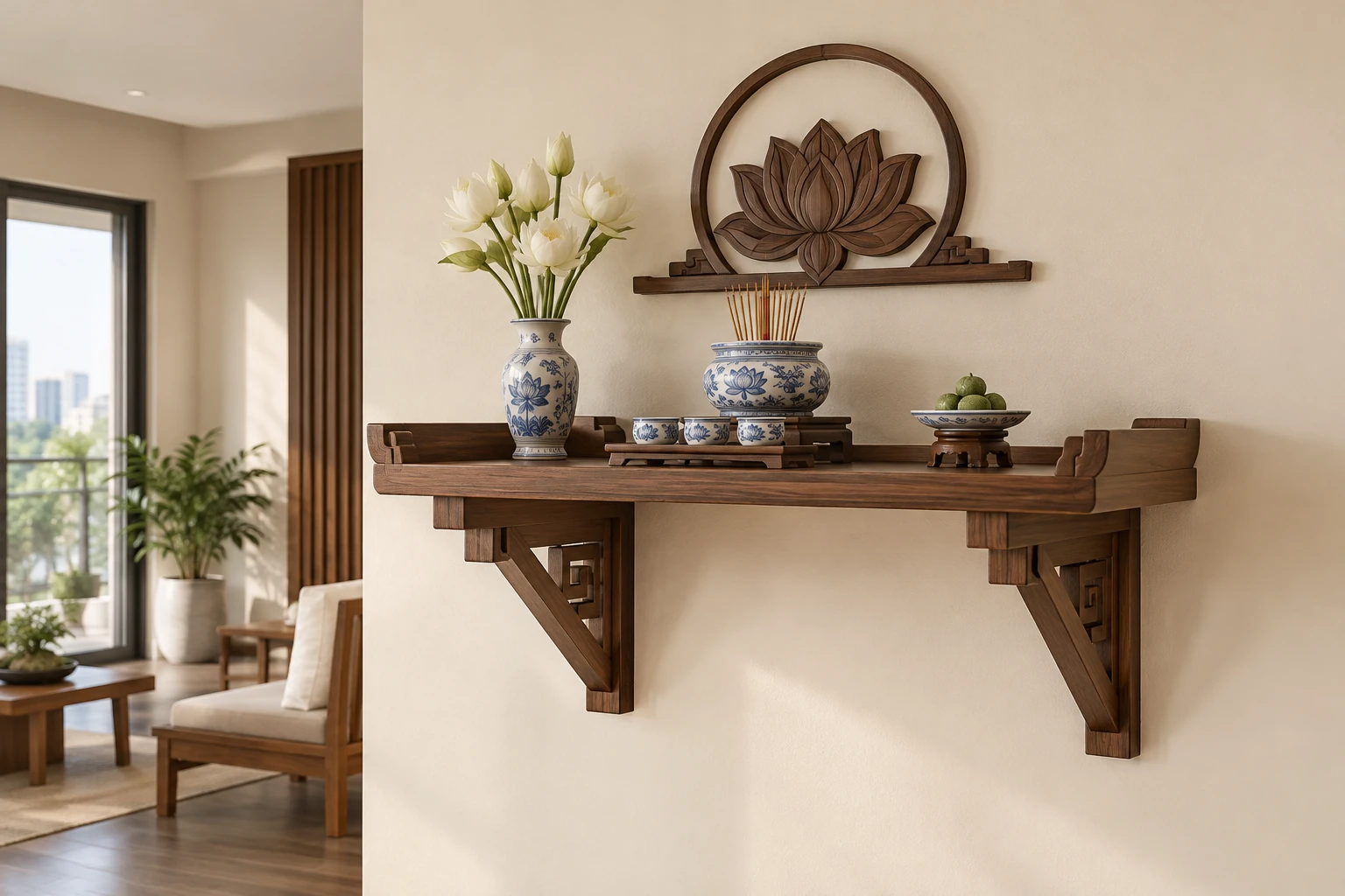 Phối cảnh bàn thờ treo với gối đỡ và khoảng sàn thông thoáng.