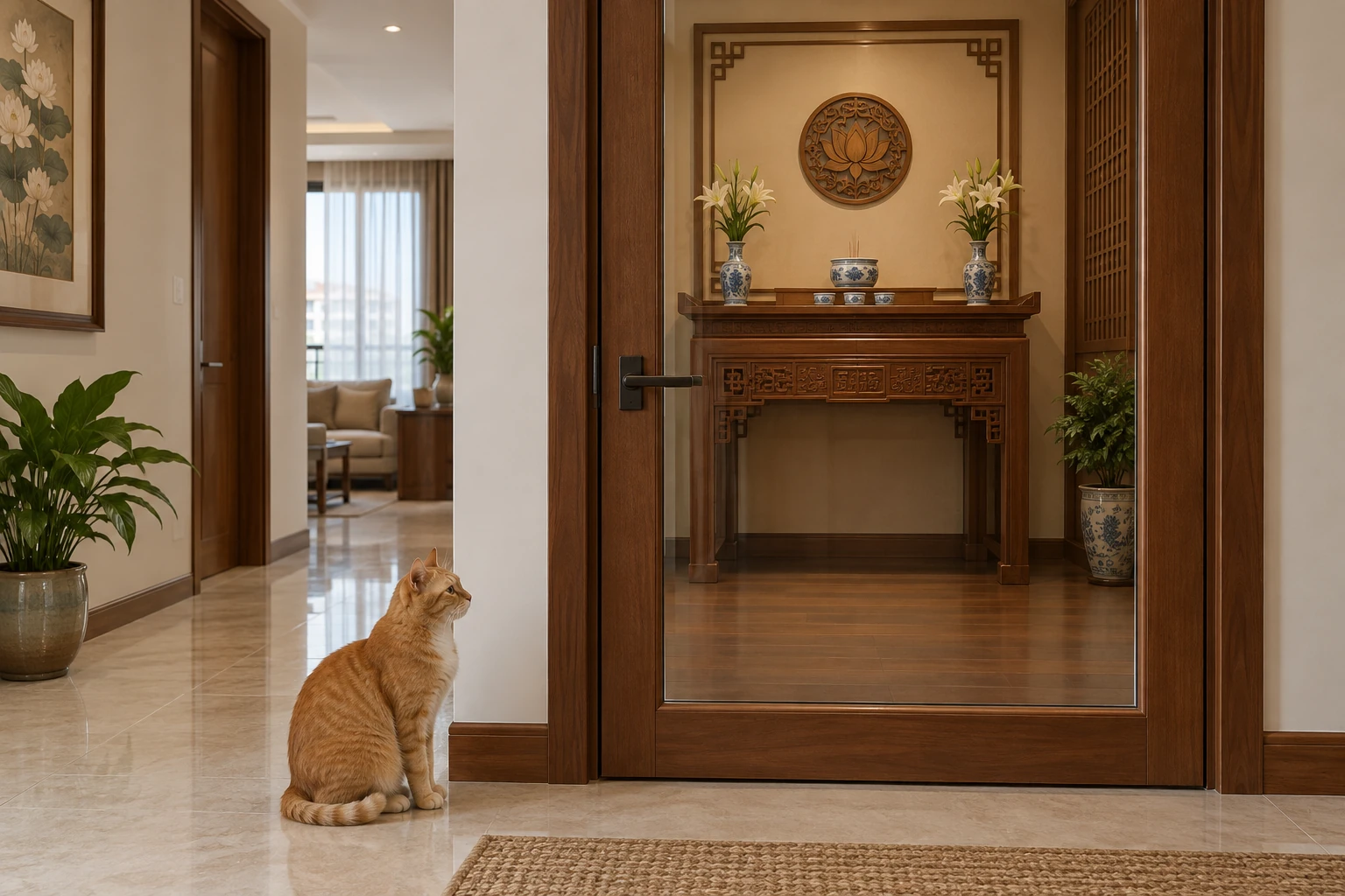 Góc thờ ở một phía cửa kính và mèo ở phía còn lại