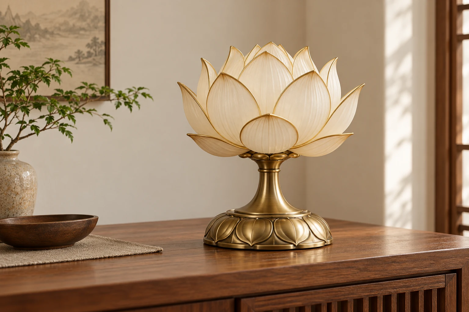 Đèn dáng sen không bật sáng, thấy trọn cánh, thân và đế.