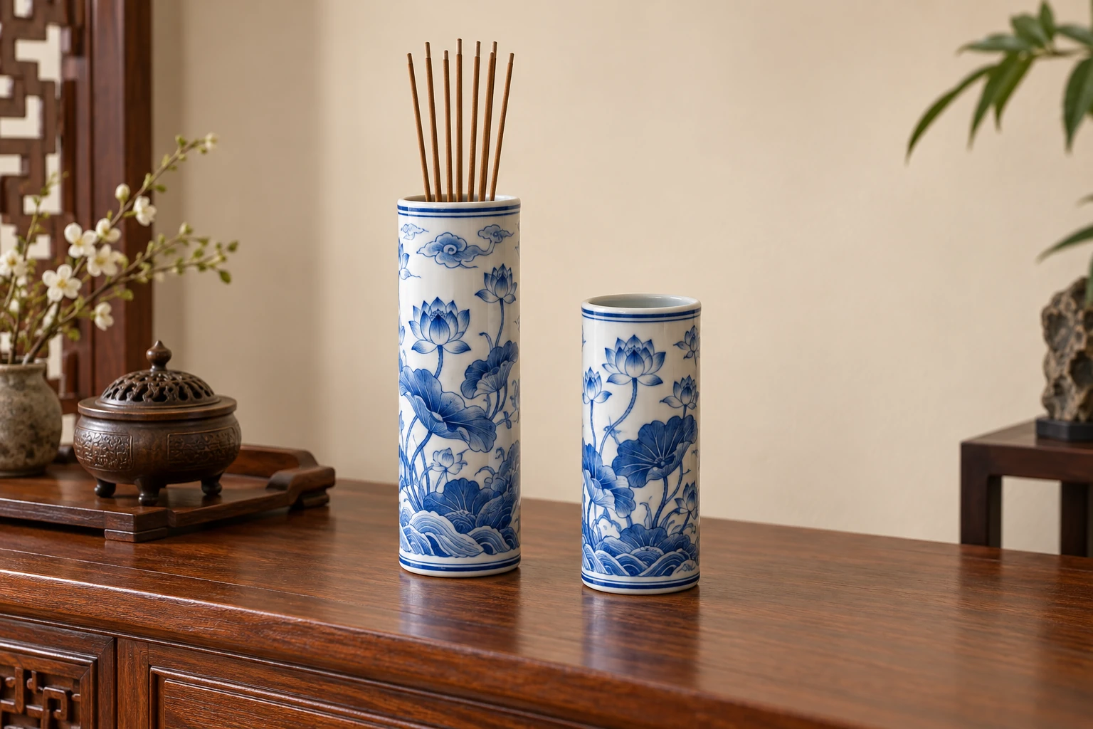 Hai ống sứ xanh trắng, một ống có que hương chưa đốt và một ống để trống.