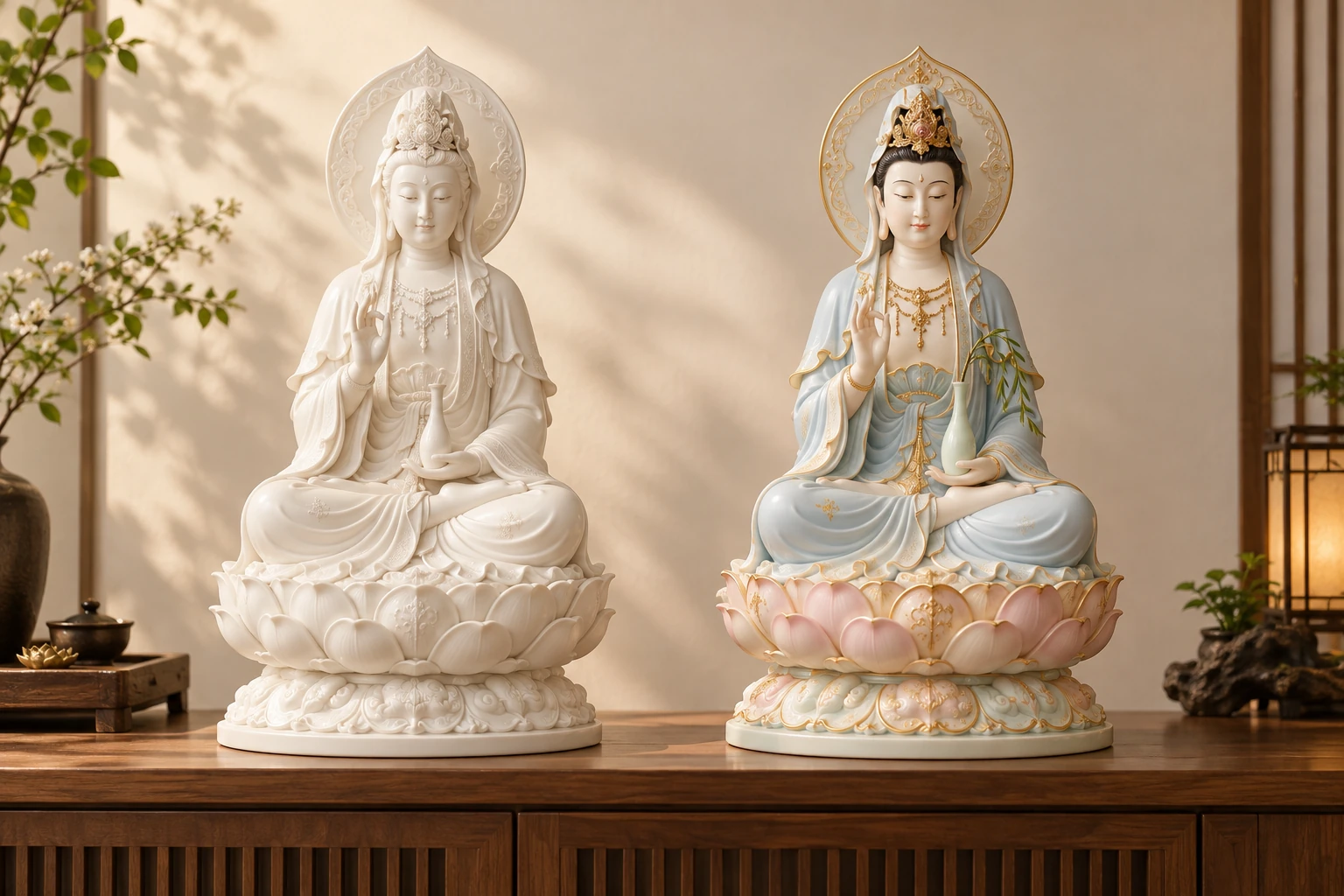 Hai tượng Quan Âm ngồi, một sắc ngà và một phối màu nhẹ trên đế sen