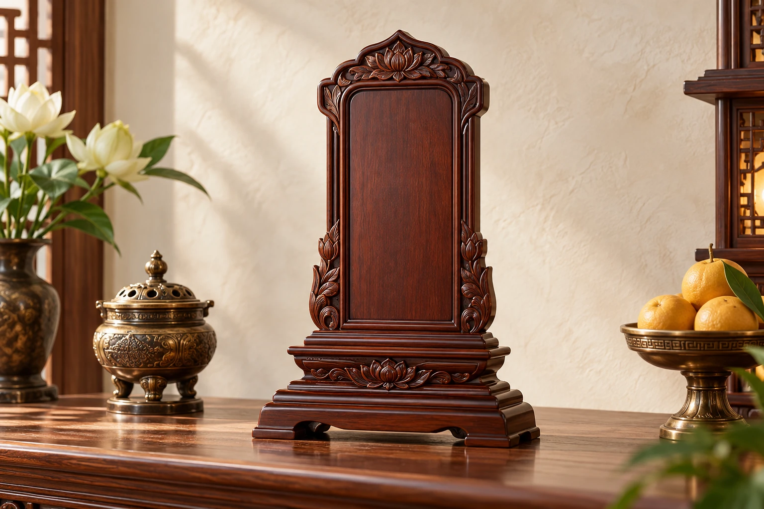 Mẫu bài vị dáng đứng bằng vật liệu màu gỗ, mặt chữ để trống và đế nhiều bậc.