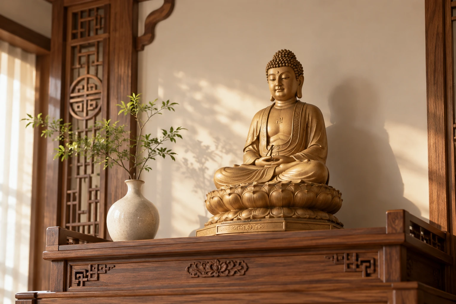 Tượng ngồi trên bệ sen, phía trước và hai bên có khoảng thoáng