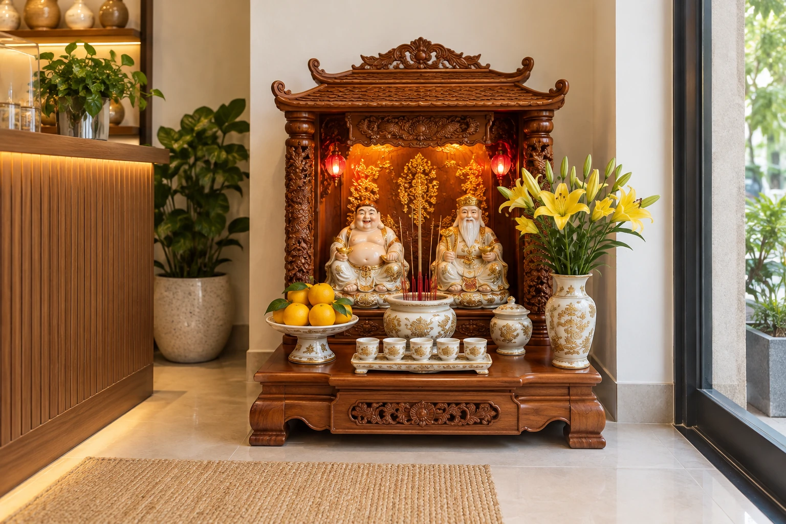 Góc thờ Thần Tài – Ông Địa với bộ gốm và bình hoa gọn trong lòng bàn