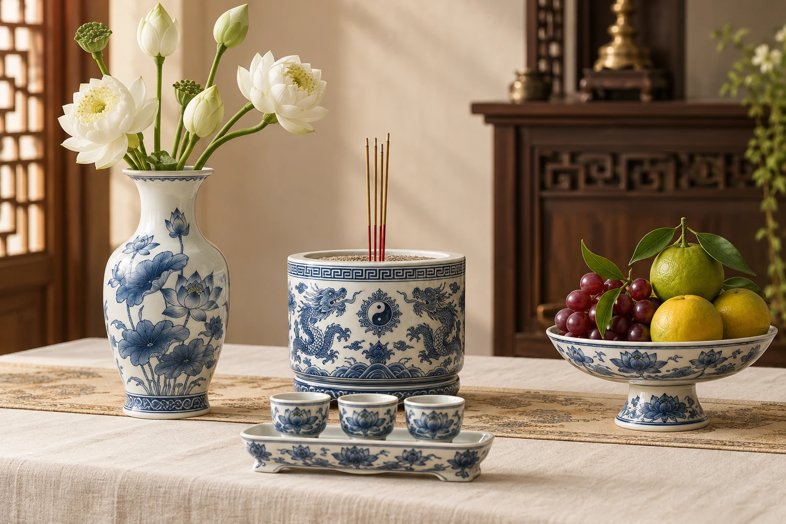 Bát hương, bình hoa, đĩa quả và khay chén đặt tách để quan sát tỷ lệ