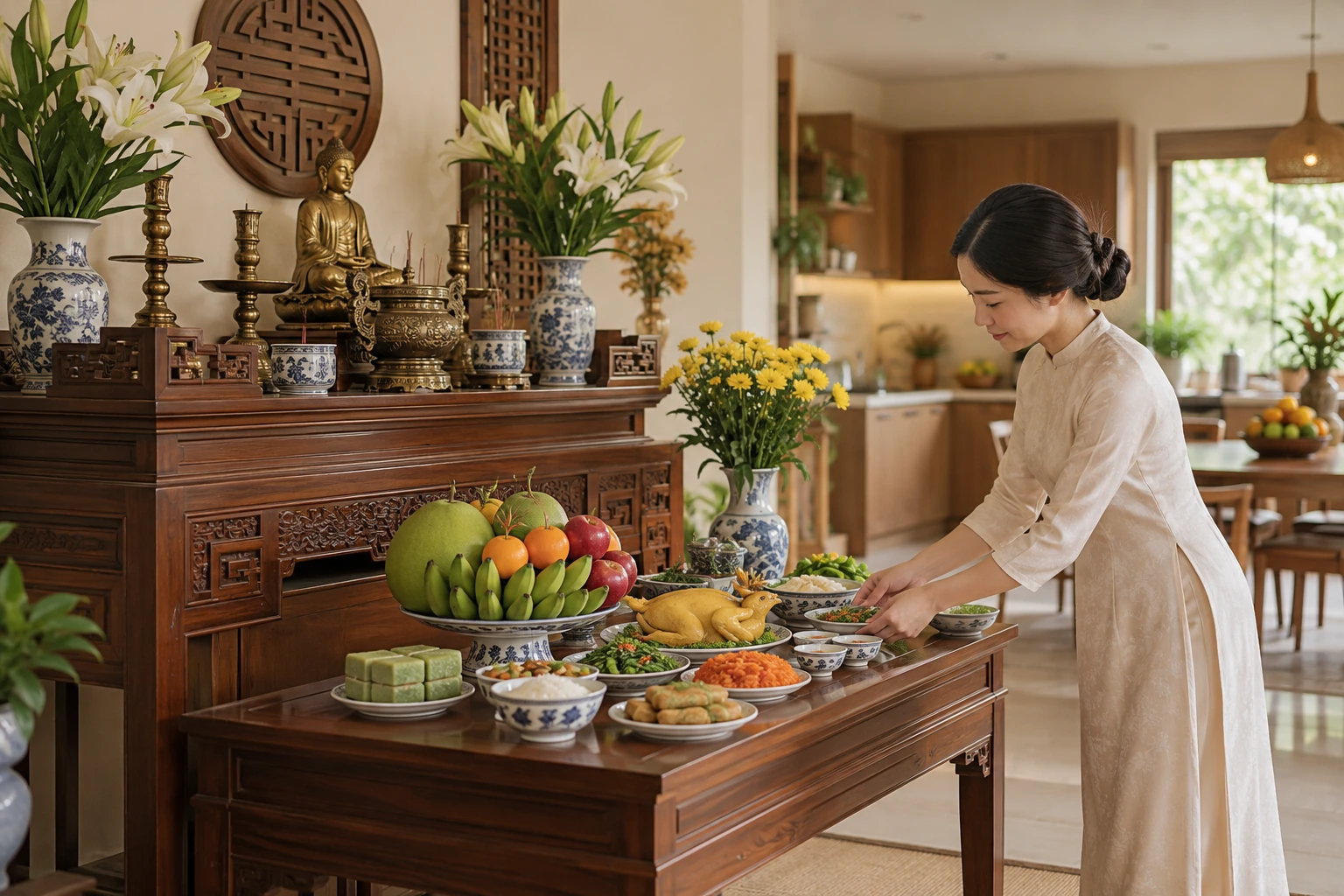 Chuẩn bị đồ dùng và phần bày lễ tại bàn phụ theo nếp gia đình