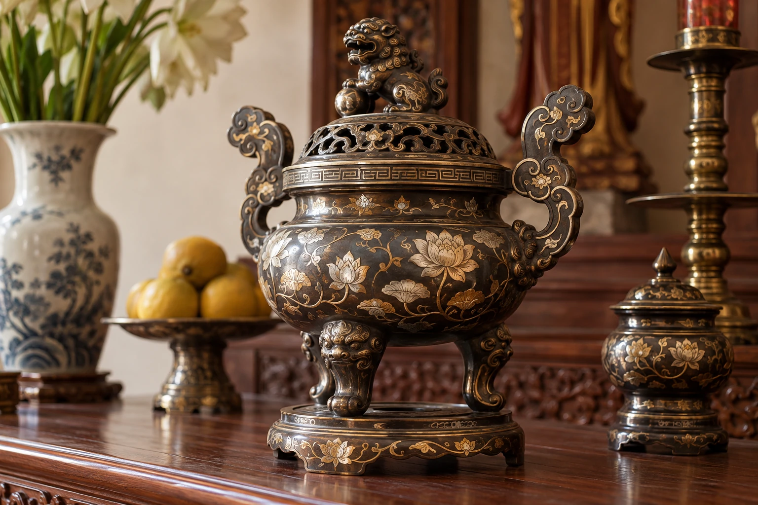 Chi tiết trang trí nhiều sắc trên thân đỉnh cần được hỏi rõ kỹ thuật và lớp hoàn thiện