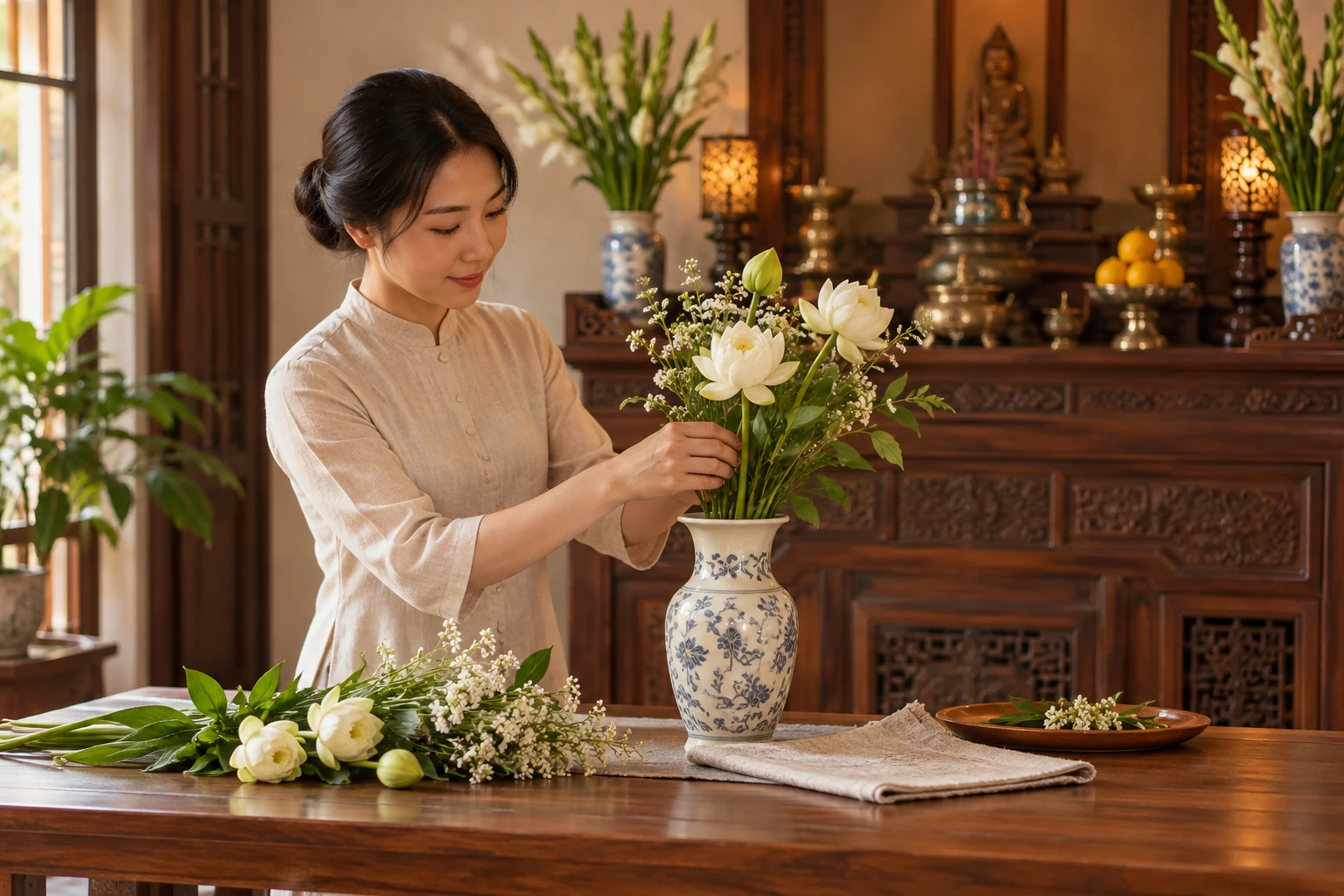 Chuẩn bị hoa tại bàn riêng giúp dễ chỉnh cành trước khi bày