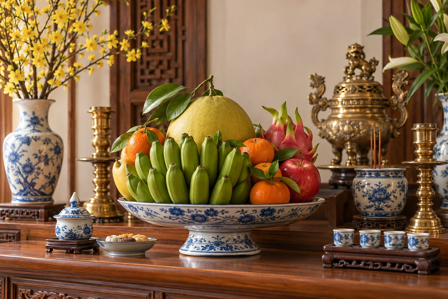 Mâm quả nhiều màu trên đĩa có chân, bố cục thấp và rõ từng nhóm quả