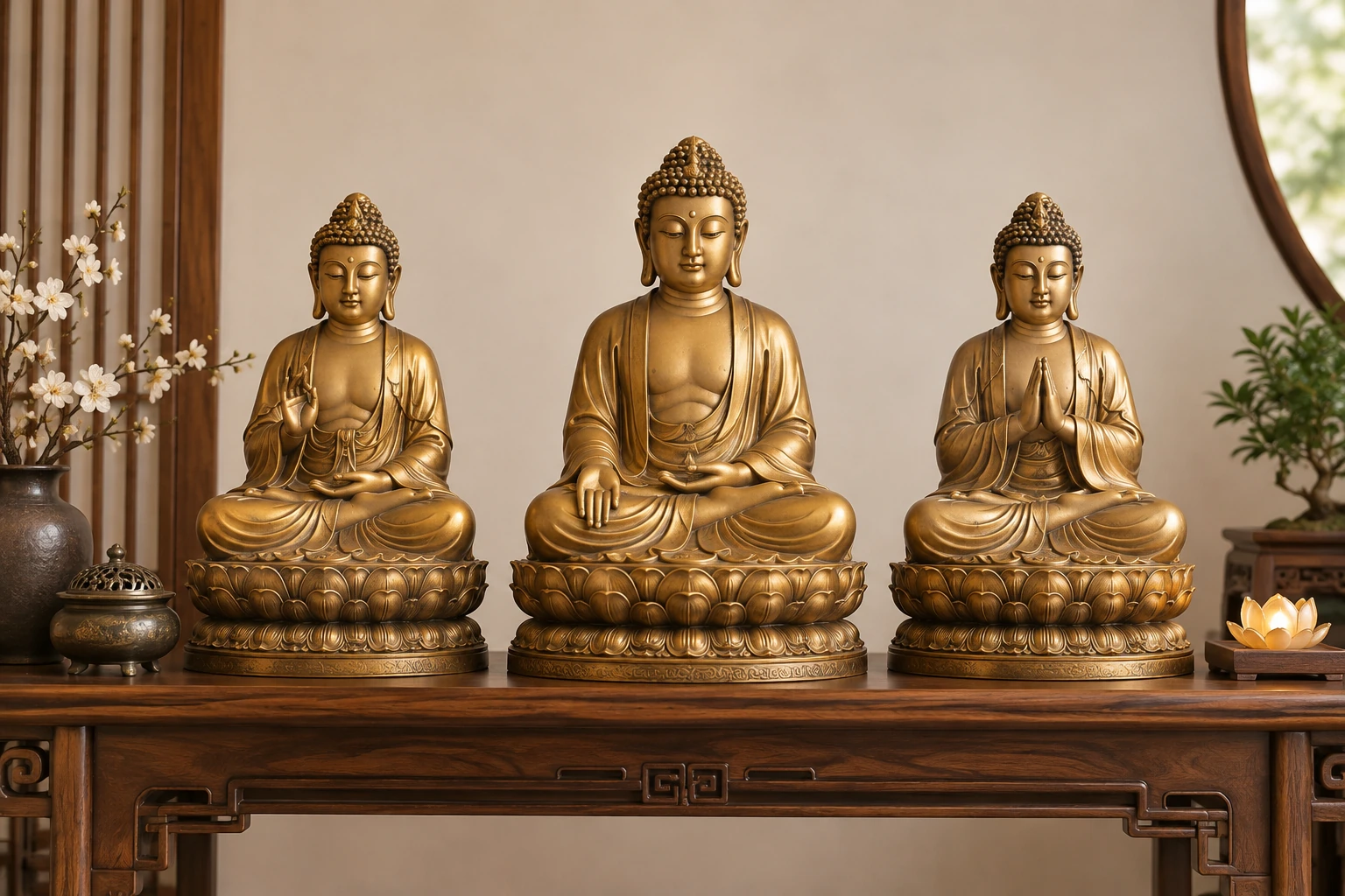 Ba tượng Phật ngồi được đặt cùng nhau để hình dung tỷ lệ cả bộ