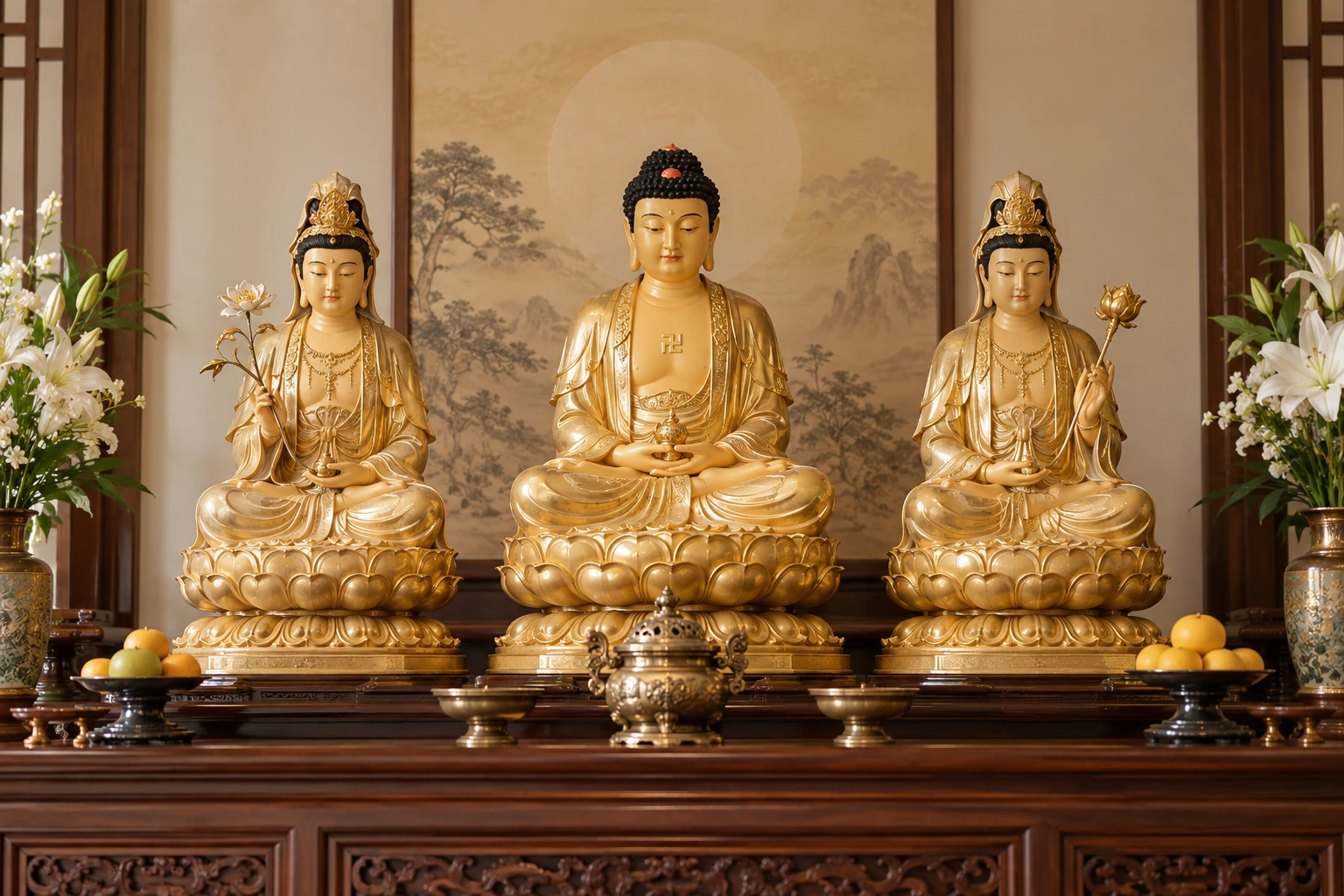 Bố cục Phật ở giữa và hai vị Bồ-tát hai bên; danh xưng cần được xác nhận theo bộ thực tế