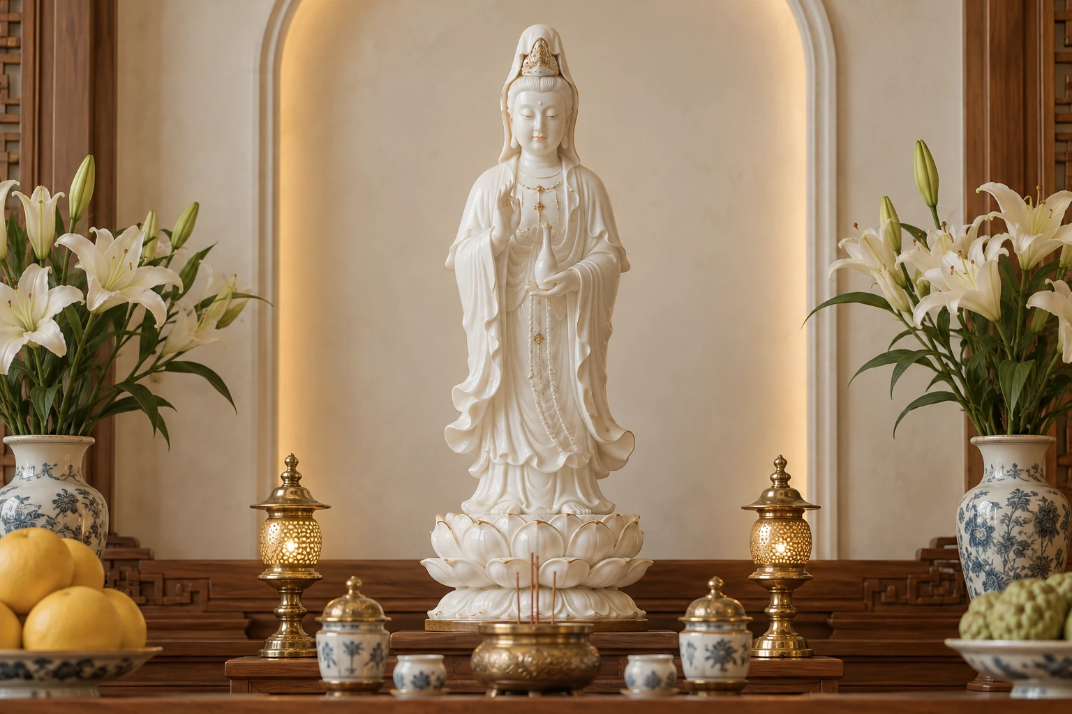 Tượng Quan Âm dáng đứng cùng bệ sen trong bố cục thoáng