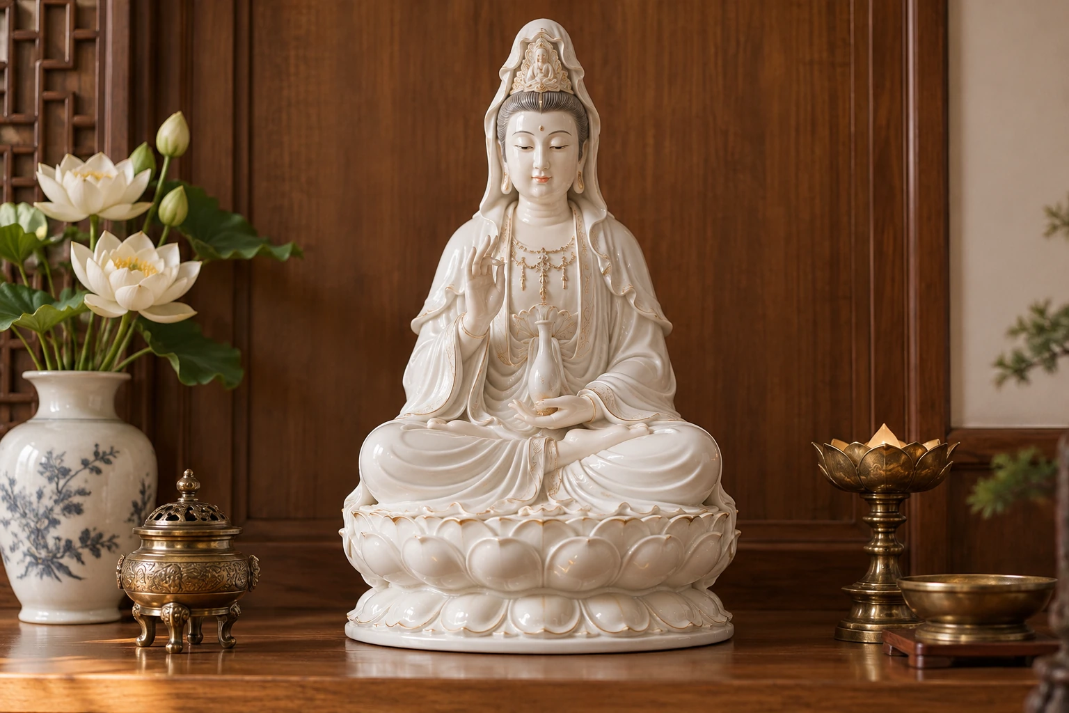 Tượng Quan Âm dáng ngồi cho thấy phần bệ rộng cần được đo