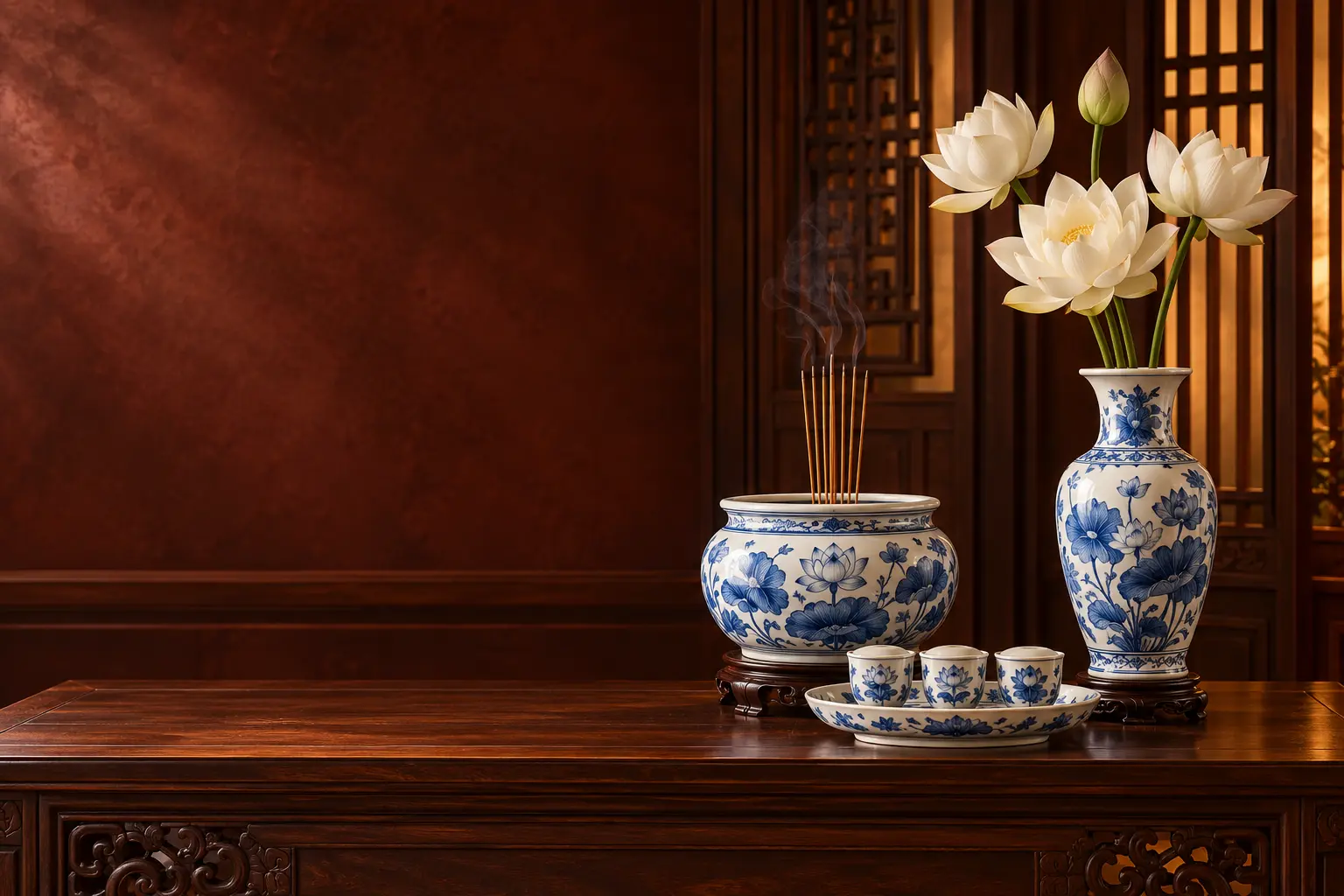 Minh họa bộ đồ thờ gốm sứ xanh trắng gồm bát hương, lọ hoa sen và kỷ chén trên nền gỗ