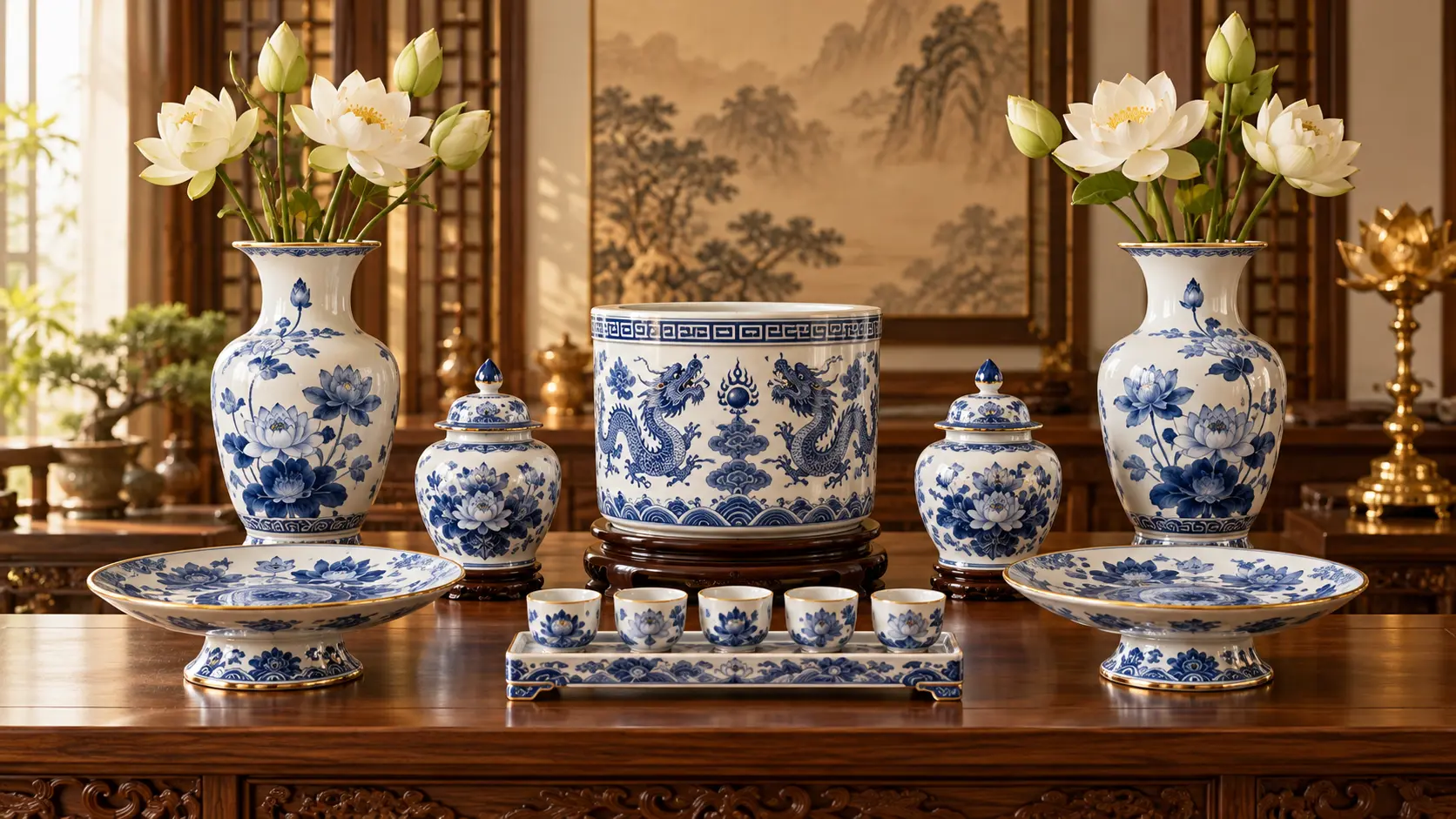 Phối cảnh minh họa cho Chọn bộ đồ thờ gốm sứ tại Hạ Long: vừa bàn, đồng bộ và dễ chăm sóc
